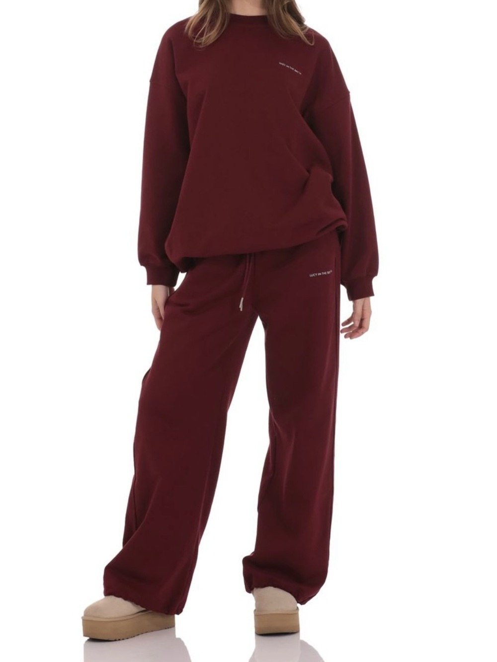 Lucy 2 Pc. Oversized Burgundy Crewneck Sweatshirt and Sweatpants